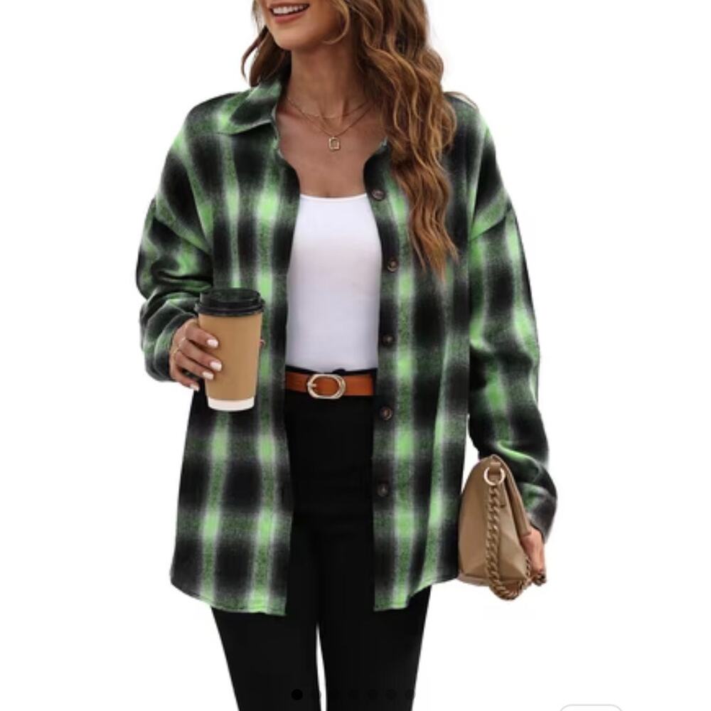 Fantaslook Women’s 2XL Green Black Plaid Flannel Shirt Oversized Button Down